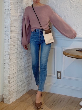 「RESEXXY（リゼクシー）のボリュームスリーブニットトップス（ニット/セーター、ピンク系）」を使った、yukino さん（レディース・164cm）の冬コーディネート