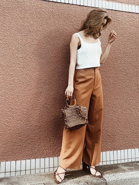 「RESEXXY（リゼクシー）のコルセットスカーフワイドパンツ（その他パンツ、オレンジ系）」を使った、yukino さん（レディース・164cm）の春コーディネート