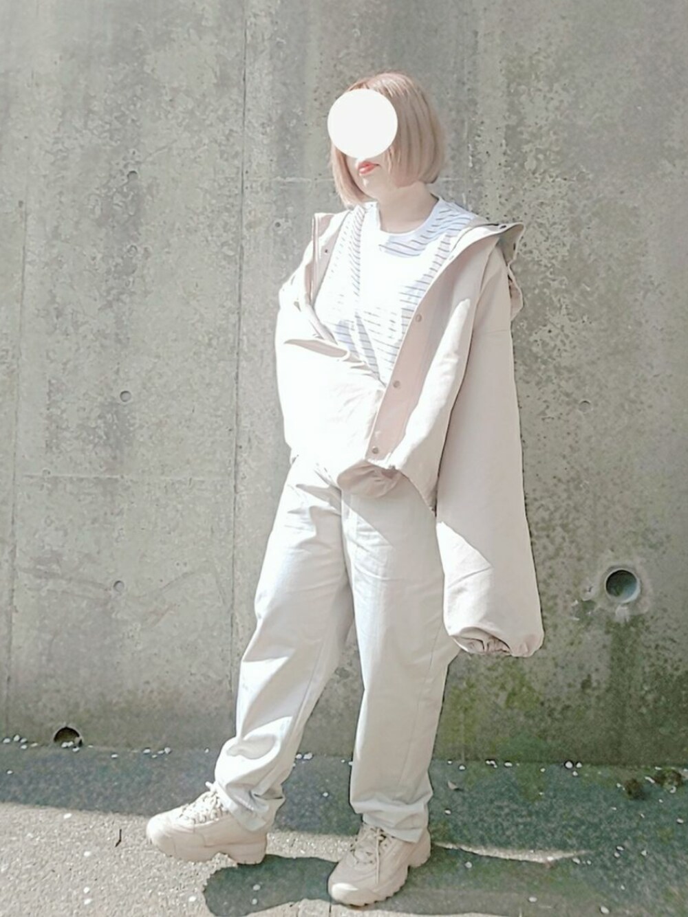 「ボーダー、春コーデ、ゆるコーデ、お洒落さんとつながりたい、いいね、save、フォローお願いします🤑、カジュアル、低身長、ベージュコーデ、プチプラ、相互フォロー」｜「RETRO GIRLのアイテム（Tシャツ/カットソー、ベージュ系）」を使った、aya_∗*ﾟさん（レディース・153cm）の春コーディネートの1枚目の写真