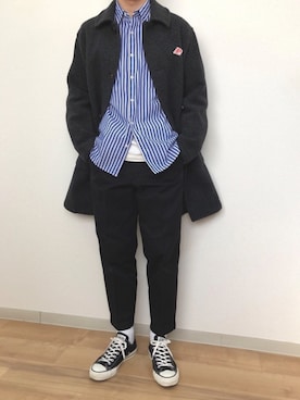 「DANTON（ダントン）のアイテム（ステンカラーコート）」を使った、shunさん（メンズ・174cm）の冬コーディネート