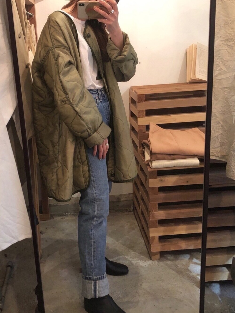 「used、Levi's、ライナージャケット、キルティング、eurolevi's、vintage」｜「usedのアイテム（ミリタリージャケット、グリーン系）」を使った、hinanoさん（レディース・154cm）の冬コーディネートの1枚目の写真