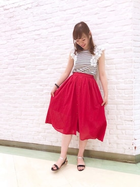 「VIS（ビス）のレーススリーブフレンチプルオーバー（Tシャツ/カットソー、ホワイト系）」を使った、Yuiさん（レディース・163cm）の春コーディネート