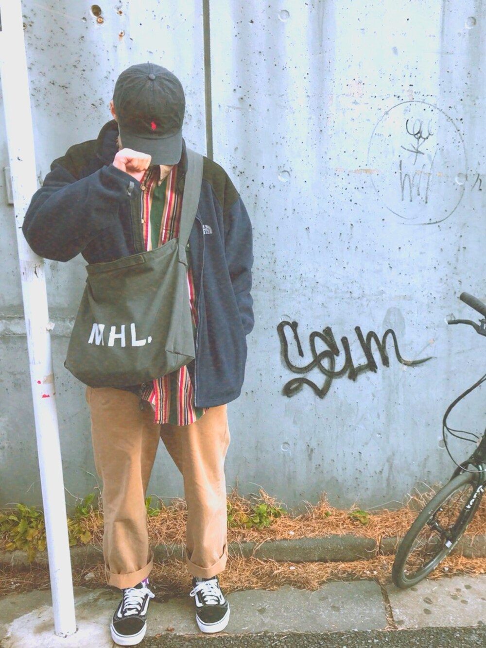 「古着、フリース、old skool」｜「POLO RALPH LAURENのアイテム（キャップ、ブラック系）」を使った、浦島さん（メンズ・177cm）の冬コーディネートの1枚目の写真