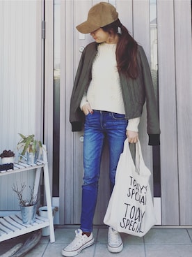 「エコバッグ」｜「アイテム（ミリタリージャケット）」を使った、musainaeriさん（レディース・153cm）の冬コーディネート