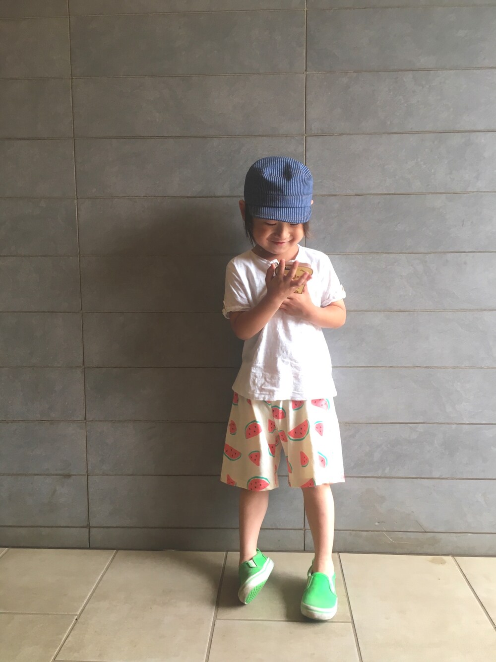 「kids、おとこのこ、ハーフパンツ、フルーツ柄、ZARA、4歳」｜「DAISOのアイテム（キャップ、ブルー系）」を使った、RI⌒✶⋆⠒̫⃝さん（キッズ・100cm）の夏コーディネートの1枚目の写真