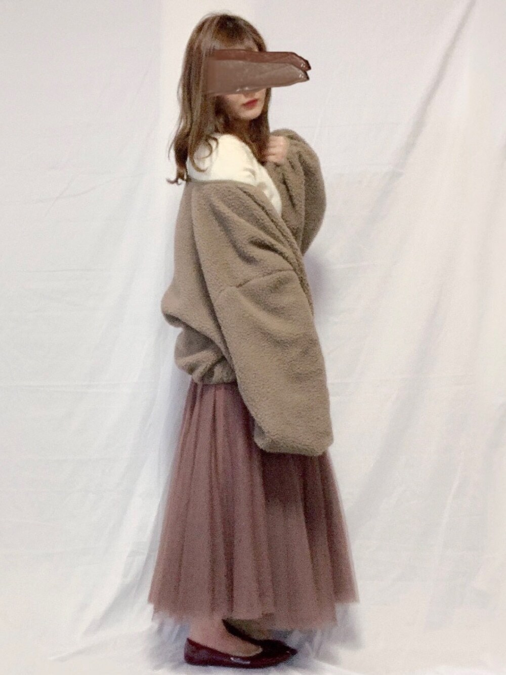 「154cm、骨格診断ウェーブ、ユニクロ、GU、wink miu、チュールスカート、ボアブルゾン、moitytto、ガーリー、チョコ色に染まれ」｜「moi tyttoのチャイナボタンボアブルゾン（ブルゾン、ブラウン系）」を使った、みはねさん（レディース・154cm）の冬コーディネートの1枚目の写真