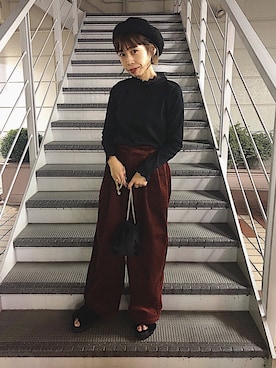 「earth music&ecology（アースミュージックアンドエコロジー）のアイテム（ハット、ブラック系）」を使った、JURIさん（レディース・150cm）の秋コーディネート
