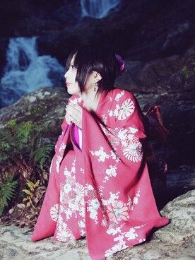 「no brand（ノーブランド）のアイテム（浴衣、レッド系）」を使った、Sanaさん（レディース・156cm）の冬コーディネート