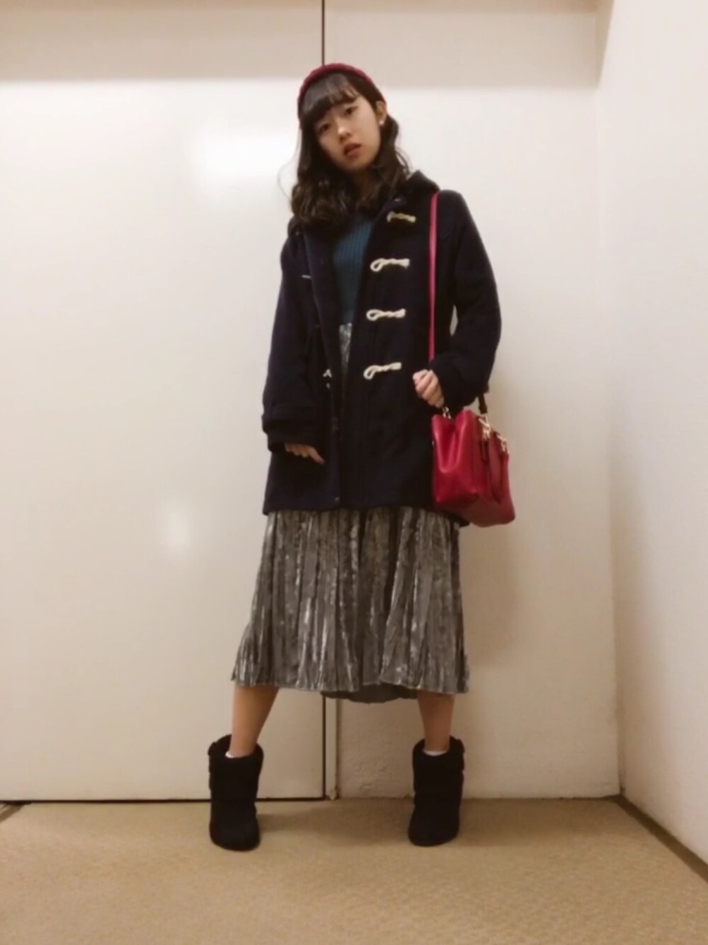 「2018マイベストコーデ、COCO DEAL、ロングワンピース、クリスマスコーデ、ニット帽、ダッフルコート、冬コーデ、outfit、COACH、ショートブーツ」｜「Availのアイテム（ダッフルコート、ブルー系）」を使った、strawberryさん（レディース・160cm）の冬コーディネートの1枚目の写真