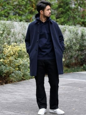 「EDIFICE（エディフィス）のアイテム（ステンカラーコート）」を使った、TERAさん（メンズ・183cm）の冬コーディネート