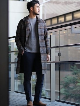 「EDIFICE（エディフィス）のアイテム（ステンカラーコート）」を使った、TERAさん（メンズ・183cm）の冬コーディネート