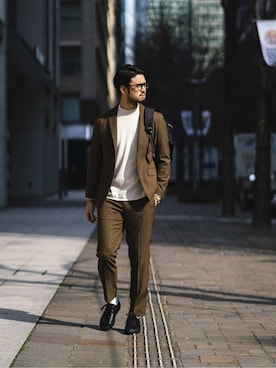「アイテム（テーラードジャケット、ブラウン系）」を使った、TERAさん（メンズ・183cm）の春コーディネート