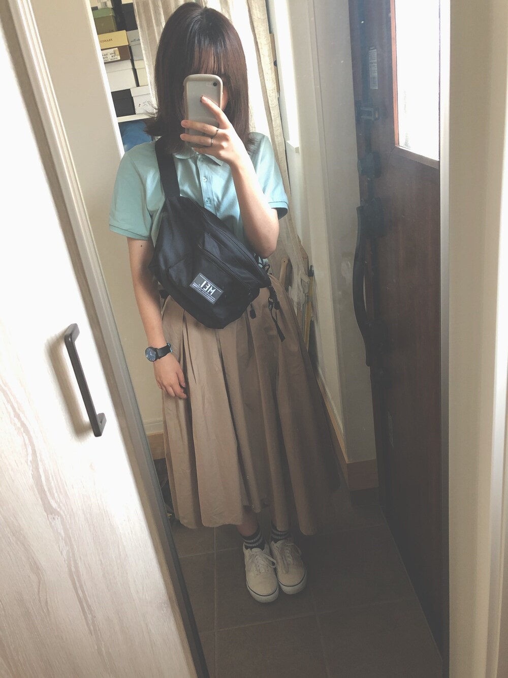 「シンプル、過去code、MEI、限定、可愛い、おしゃれさんと繋がりたい、お洒落さんとつながりたい、いいね、save、フォローお願いします🤑、フォローミー、古着」｜「usedのアイテム（スカート、ベージュ系）」を使った、むーさん（レディース・159cm）の夏コーディネートの1枚目の写真