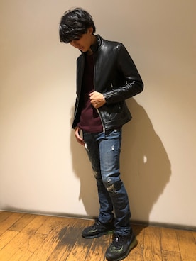 「ワインレッド」｜「アイテム（ライダースジャケット）」を使った、おまつさん（メンズ・163cm）の秋コーディネート