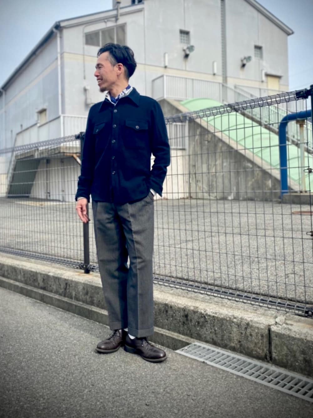 「キレイめ、CPOジャケット、シャツスタイル、ウールパンツ、古着、古着MIX、古着コーデ、vintage、30代、今日のコーデ」｜「FIVE BROTHERのアイテム（その他アウター、ブルー系）」を使った、YSKさん（メンズ・170cm）の冬コーディネートの1枚目の写真