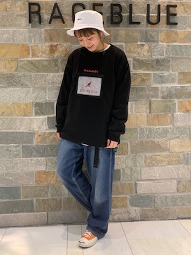 「RAGEBLUE（レイジブルー）のアイテム（ハット）」を使った、しまさん（レディース・156cm）の春コーディネート