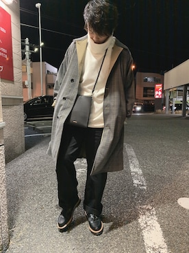 「NANO universe（ナノユニバース）のアイテム（ステンカラーコート）」を使った、本村可伊さん（メンズ・170cm）の冬コーディネート