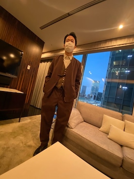 「セットアップコーデ」｜「アイテム（ノーカラーコート）」を使った、makotoさん（メンズ・178cm）の冬コーディネート