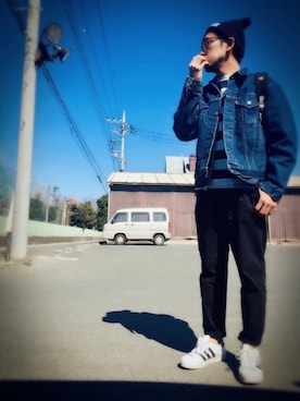 「Gジャン」｜「アイテム（ノーカラージャケット）」を使った、GOさん（メンズ・172cm）の春コーディネート