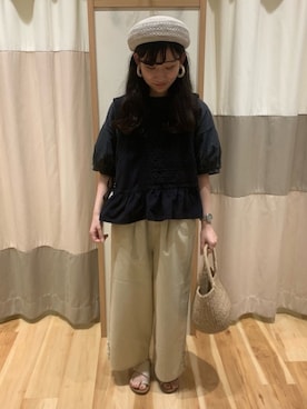 「トングサンダル」｜「アイテム（ハンチング/ベレー帽）」を使った、ミズキさん（レディース・153cm）の夏コーディネート