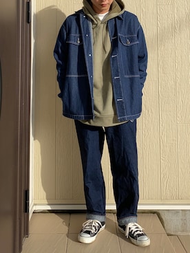 「アイテム（パーカー、グリーン系）」を使った、ayumuさん（メンズ・170cm）の春コーディネート