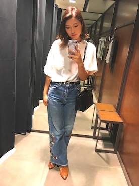 「AZUL by moussy（アズールバイマウジー）の片ポケ半袖スキッパー（シャツ/ブラウス、ホワイト系）」を使った、aさん（レディース・168cm）の秋コーディネート