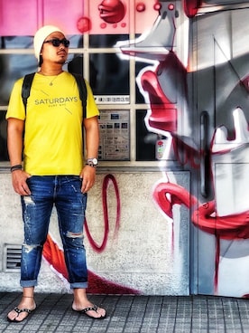 「サタデーズ ニューヨークシティ (Saturdays NYC)」｜「アイテム（サンダル）」を使った、taka777hiroさん（メンズ・182cm）の夏コーディネート