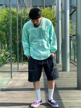 「アイテム（Tシャツ/カットソー、グリーン系）」を使った、えんどうさん（メンズ・165cm）の春コーディネート