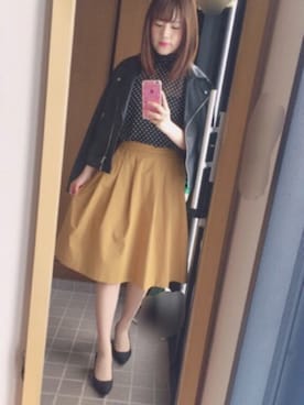「シフォンブラウス」｜「アイテム（ライダースジャケット）」を使った、yuiさん（レディース・158cm）の春コーディネート