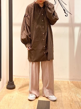 「ブラウンコーデ」｜「アイテム（チュニック）」を使った、にわちゃんさん（レディース・153cm）の秋コーディネート