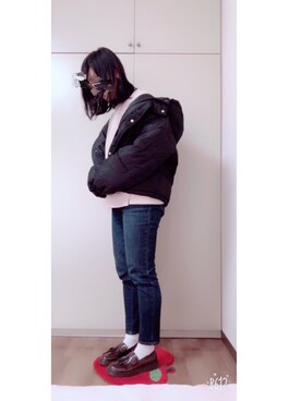 「ZOZO（ゾゾ）のスリムテーパードデニムパンツ［WOMEN］（デニムパンツ）」を使った、chico☺︎さん（レディース・162cm）の冬コーディネート