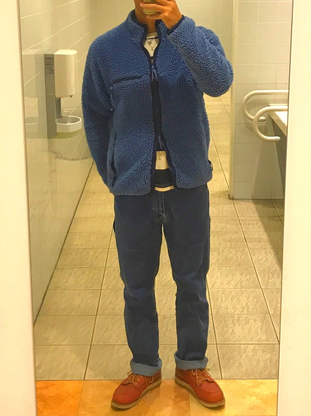 「カジュアルコーデ、オトナカジュアル、おしゃれさんと繋がりたい、REMI RELIEF、Levi's、Redwing、デニム、ワークブーツ、フリース」｜「REMI RELIEFのREMI RELIEF×BEAMS PLUS / 別注 フリース ジャケット（ブルゾン、ブルー系）」を使った、Shun@☻☻☻☻☻☻☻さん（メンズ・178cm）の夏コーディネートの1枚目の写真