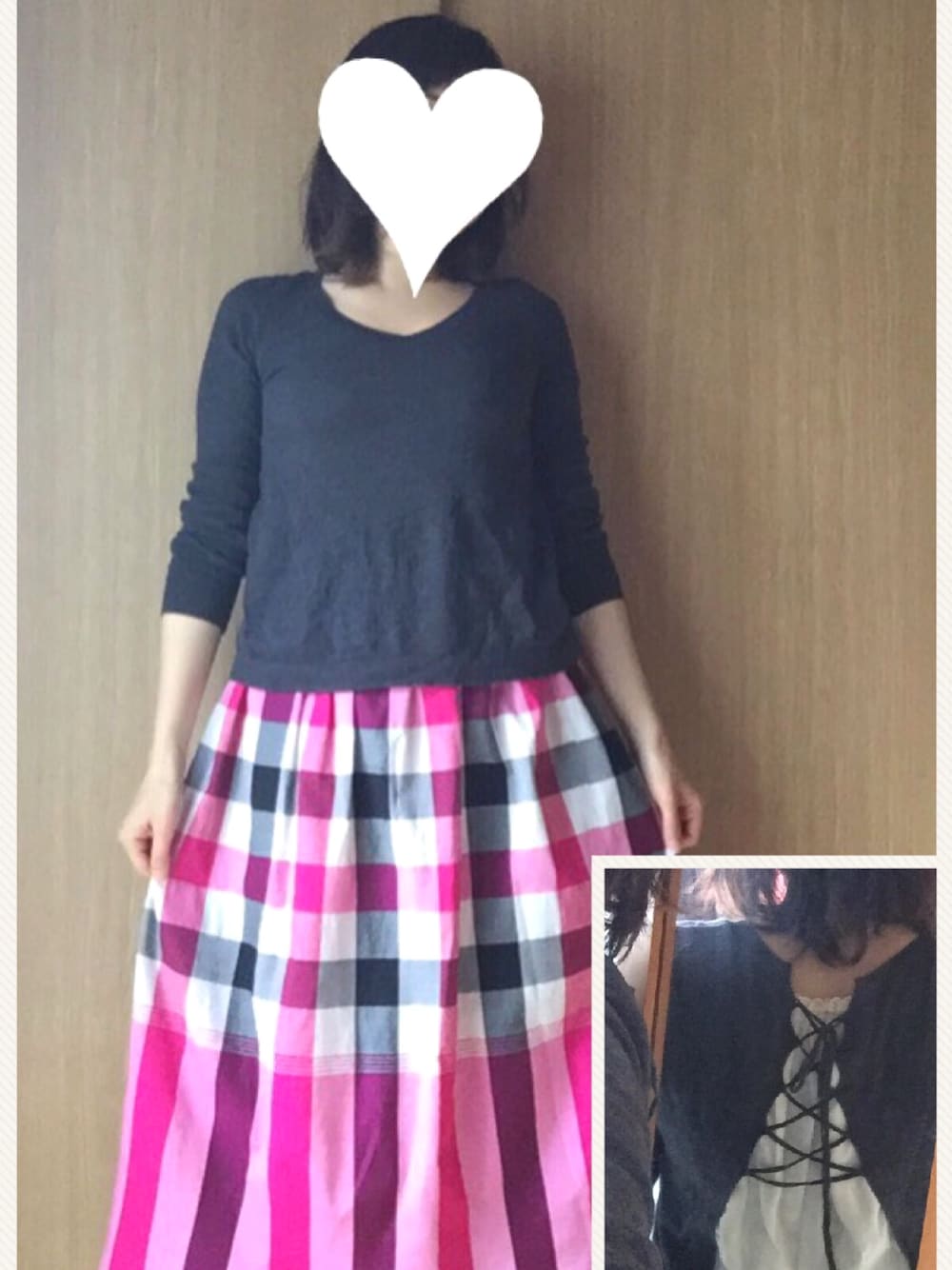 「ハンドメイド、手作り、チェック、編み上げ、チェックスカート」｜「Rubyrivetのアイテム（Tシャツ/カットソー、グレー系）」を使った、vivitさん（レディース・156cm）の春コーディネートの1枚目の写真