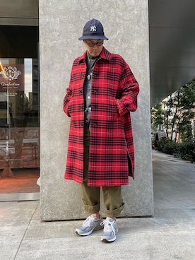 「UNDERCOVER（アンダーカバー）のアイテム（ステンカラーコート）」を使った、jun oyaさん（メンズ・178cm）の冬コーディネート