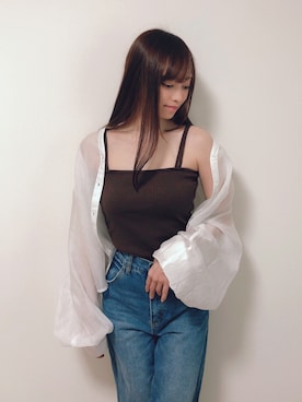 「moment+（モーメントプラス）のボリュームスリーブシースルーシャツブラウス（シャツ/ブラウス、ホワイト系）」を使った、AI.さん（レディース・155cm）の冬コーディネート