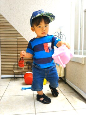 「e.a.B（エーアーベー）のアイテム（帽子）」を使った、のんちさん（キッズ・80cm）の夏コーディネート