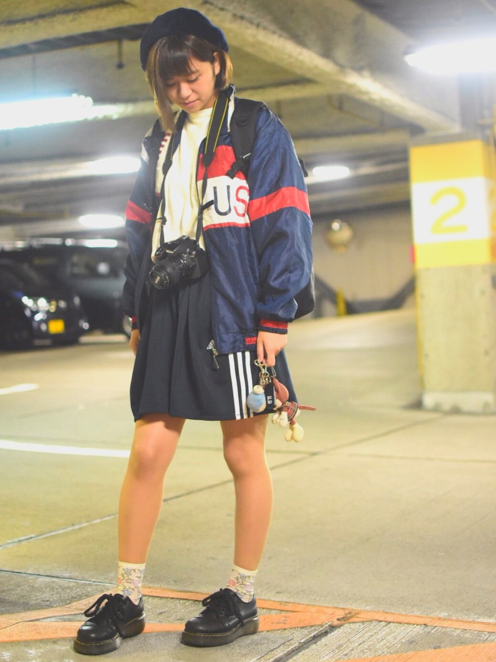 「adidas、秋コーデ、ベレー帽、松本市、古着」｜「flamingoのアイテム（ハンチング/ベレー帽、ブルー系）」を使った、にむぽにさん（レディース・157cm）の秋コーディネートの1枚目の写真
