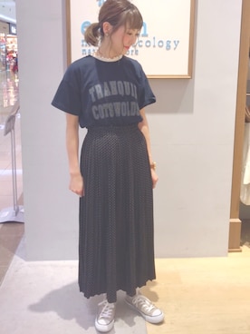 「earth music&ecology（アースミュージックアンドエコロジー）のメローボートネック半袖プルオーバー（Tシャツ/カットソー）」を使った、ai☻さん（レディース・159cm）の夏コーディネート