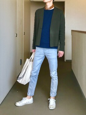 「EDIFICE（エディフィス）の◇SUVIN 3/150 セミショールカーデ（カーディガン/ボレロ）」を使った、OK.Aさん（メンズ・176cm）の春コーディネート