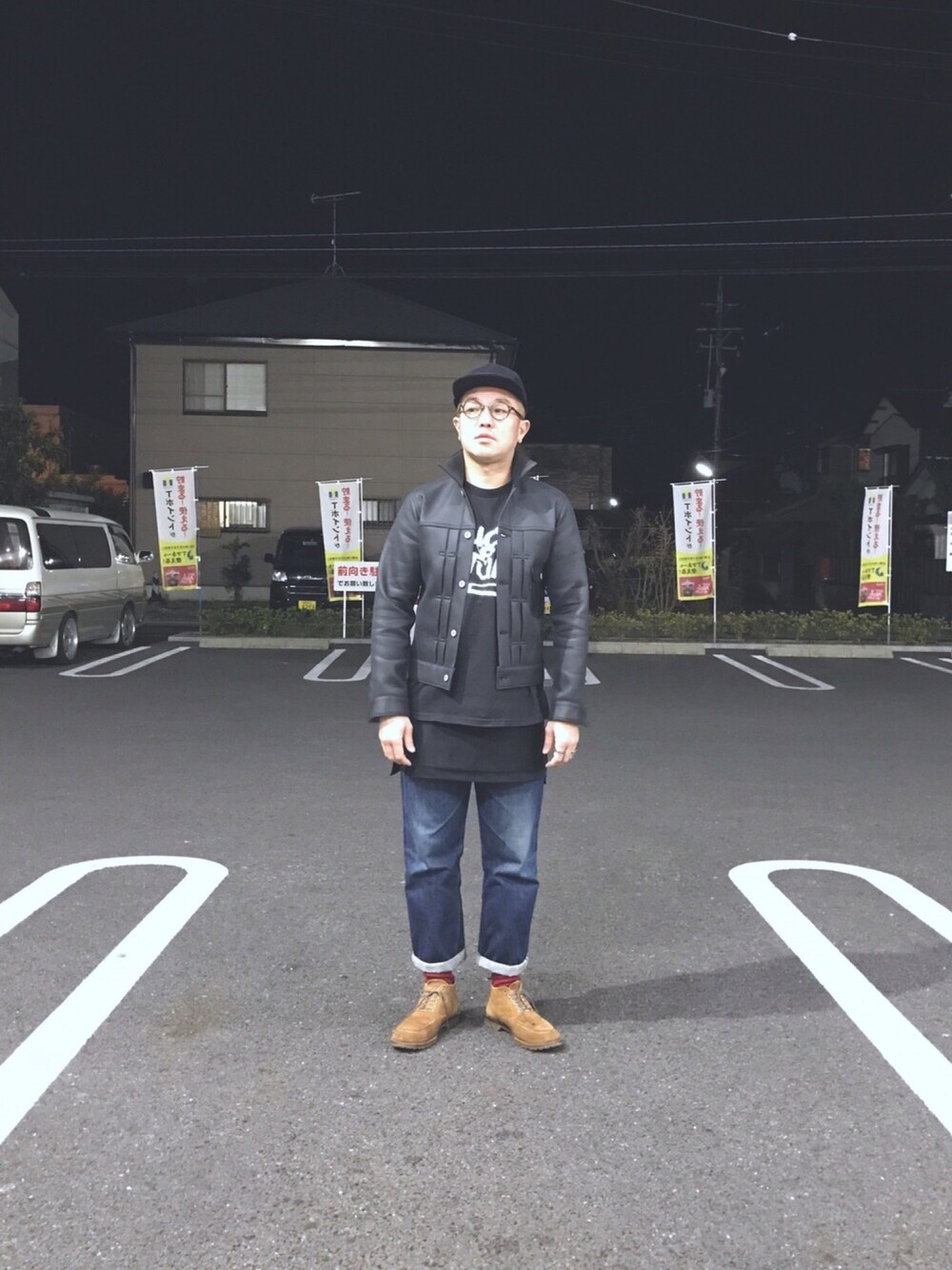 「UNUSED、COMME des GARCONS、OLIVER PEOPLES、424、APC、デニム」｜「UNUSEDのアイテム（キャップ、ブラック系）」を使った、FUNAさん（メンズ・169cm）の冬コーディネートの1枚目の写真