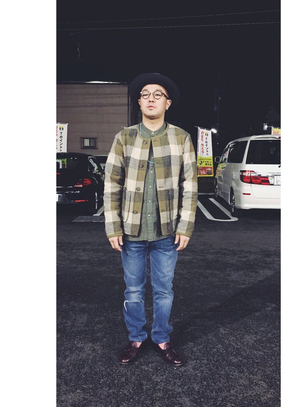 「春、COMME des GARCONS、OLIVER PEOPLES、united arrows、LEVIS VINTAGE CLOTHING、ALDEN」｜「COMME des GARCONS SHIRTのアイテム（ハット、グレー系）」を使った、FUNAさん（メンズ・169cm）の春コーディネートの1枚目の写真