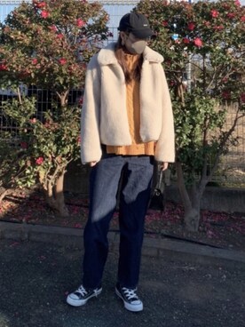 「H&M（エイチ・アンド・エム）のアイテム（ジャケット/アウター、ホワイト系）」を使った、たんさん（レディース・163cm）の冬コーディネート