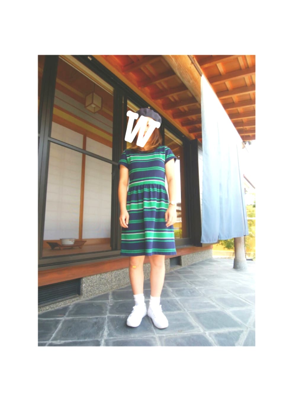 「夏、ベレー帽、スニーカー、同級会、友達、ボーダー、ニットワンピース」｜「selectshopのアイテム（ワンピース、グリーン系）」を使った、waaさん（レディース・152cm）の夏コーディネートの1枚目の写真