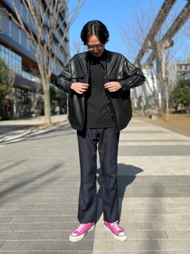「tk.TAKEO KIKUCHI」｜「アイテム（ライダースジャケット）」を使った、tk.TAKEO KIKUCHI 立川ルミネさん（メンズ・182cm）の冬コーディネート