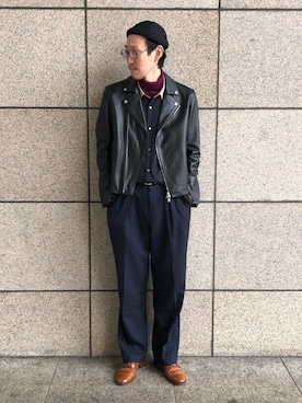 「tricker's」｜「アイテム（ライダースジャケット）」を使った、tk.TAKEO KIKUCHI 立川ルミネさん（メンズ・182cm）の冬コーディネート