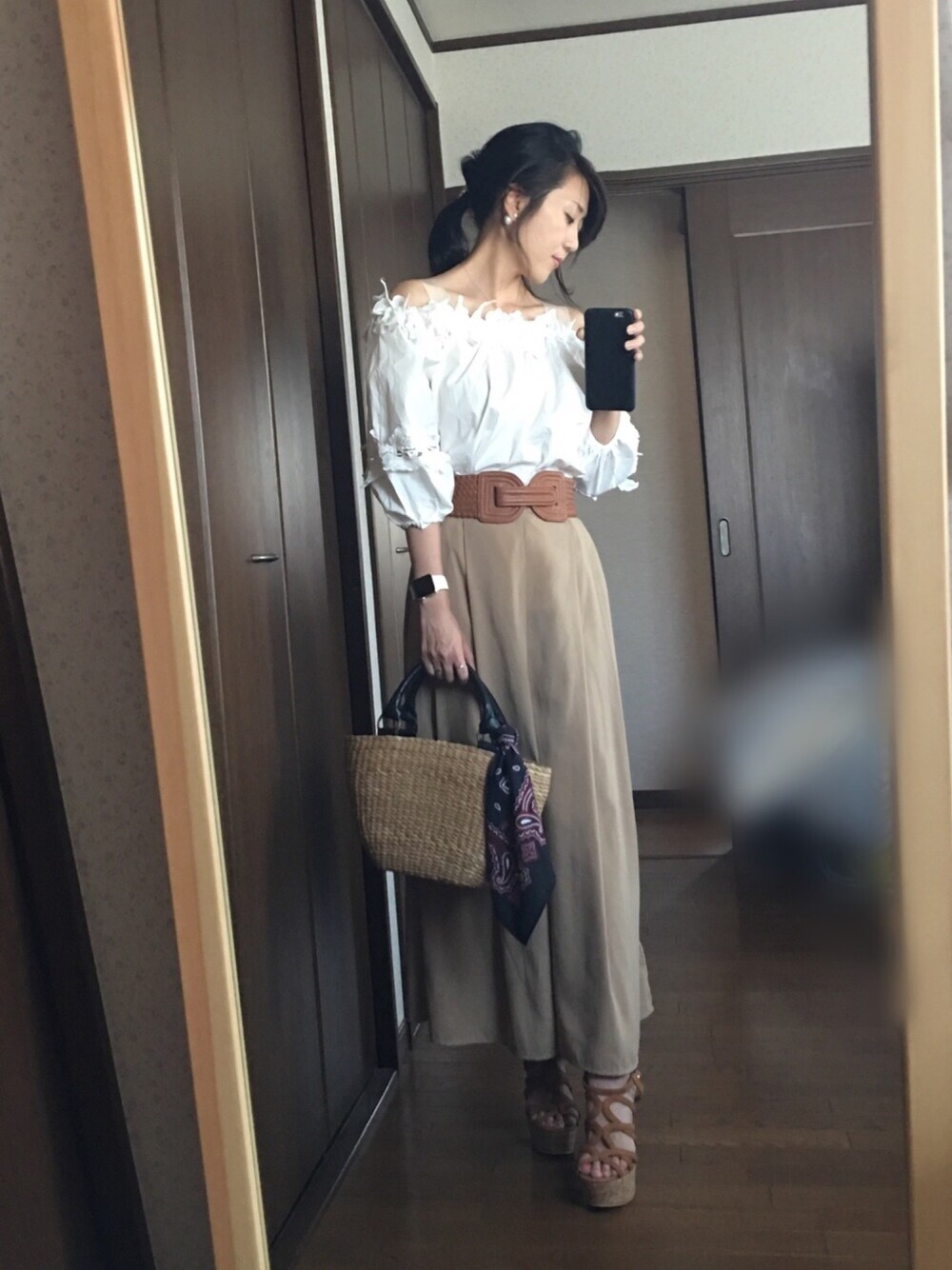 「大人カジュアル、ママコーデ、シンプルコーデ、清楚系」｜「GUの（GU）イージードレープガウチョパンツＢ（パンツ、ブラウン系）」を使った、✳️madoka✳️さん（レディース・155cm）の夏コーディネートの1枚目の写真