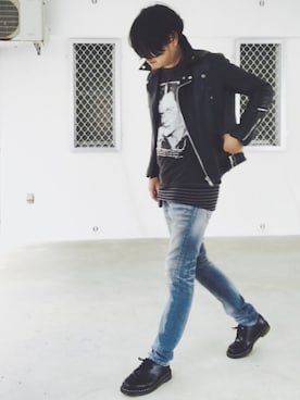 「ボーター」｜「アイテム（ライダースジャケット）」を使った、ryoheyさん（メンズ・177cm）の冬コーディネート