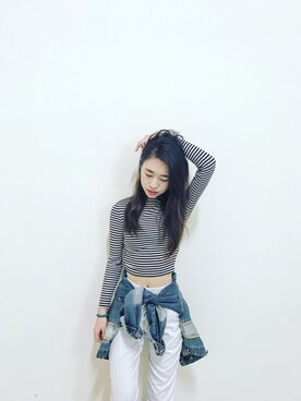 「Abercrombie&Fitch（アバークロンビーアンドフィッチ）のアイテム（デニムジャケット）」を使った、Ting Chenさん（レディース・165cm）の冬コーディネート