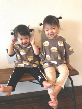 「しまむら（シマムラ）のアイテム（Tシャツ/カットソー、ブラウン系）」を使った、hare☺︎koiさん（キッズ・90cm）の夏コーディネート