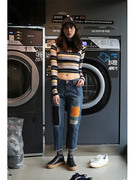 romanticcrownさんの「Womans Striped Half Turtleneck_Navy」を使ったコーディネート